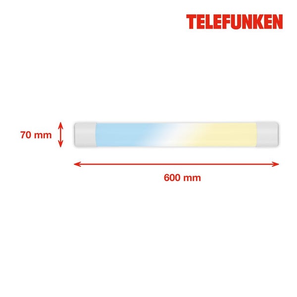 Telefunken Logo, LED-Lichtleiste mit einer Länge von 600 Millimeter und einer Breite von 70 Millimeter.
