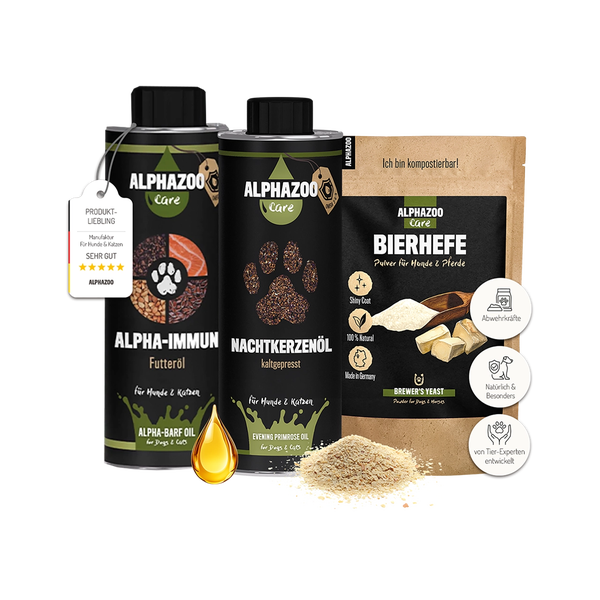 AlphaZoo Hunde- und Katzenfutter-Ergänzungsmittel: Alpha-Immun Futteröl, Nachtkerzenöl und Bierhefe