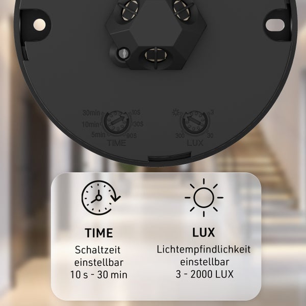 Detailaufnahme der einstellbaren Zeit und des LUX-Bereichs eines Sensors
