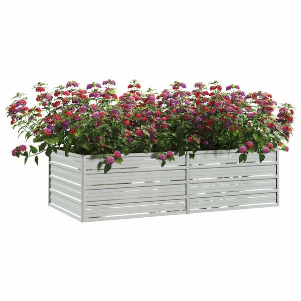 Rechteckiges Hochbeet aus Metall mit blühenden Blumen bepflanzt