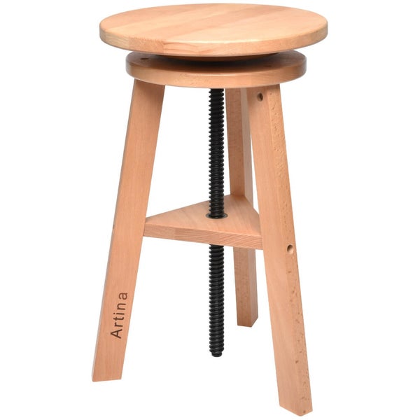 Höhenverstellbarer Arbeitsstuhl aus Holz mit runder Sitzfläche und Schraubmechanismus
