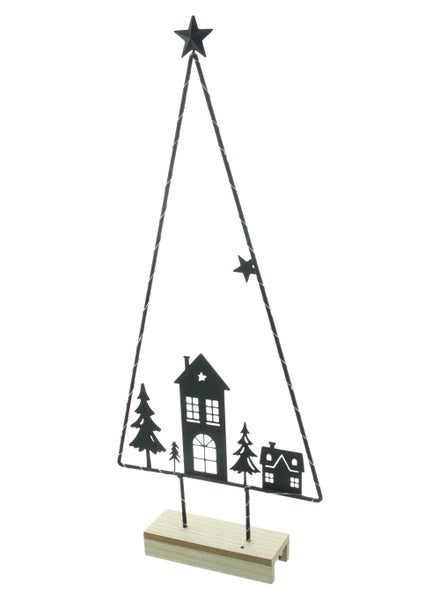 Dekorative Weihnachtsbaum-Figur mit Haus- und Baummotiven auf Holzsockel