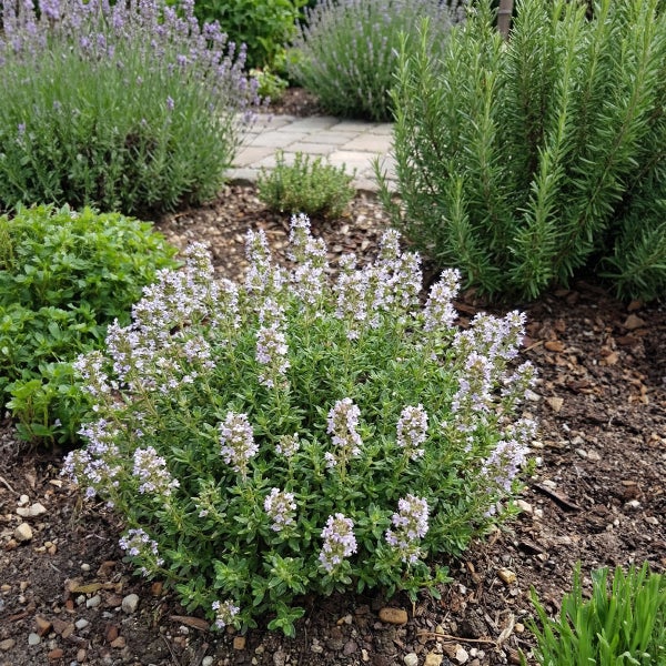 Blühender Thymian in einem Kräutergarten mit Rosmarin, Lavendel und Minze im Hintergrund.