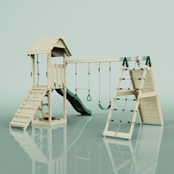 Spielturm mit Rutsche, Schaukel und Kletterwand für den Garten