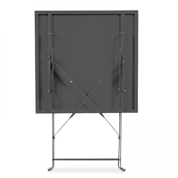 Unterseite eines quadratischen Klapptisches mit Metallgestell und Klappfunktion.