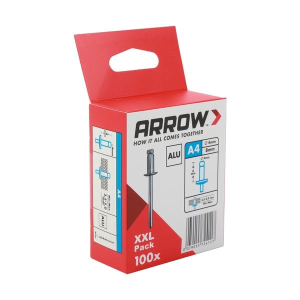 Arrow Blindnieten aus Aluminium, A4, 4 Millimeter Durchmesser, 8 Millimeter Länge, XXL-Packung mit 100 Stück.