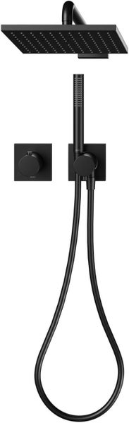 Schwarzes Duschset mit quadratischer Regendusche, Stabhandbrause und Unterputz-Mischbatterien.