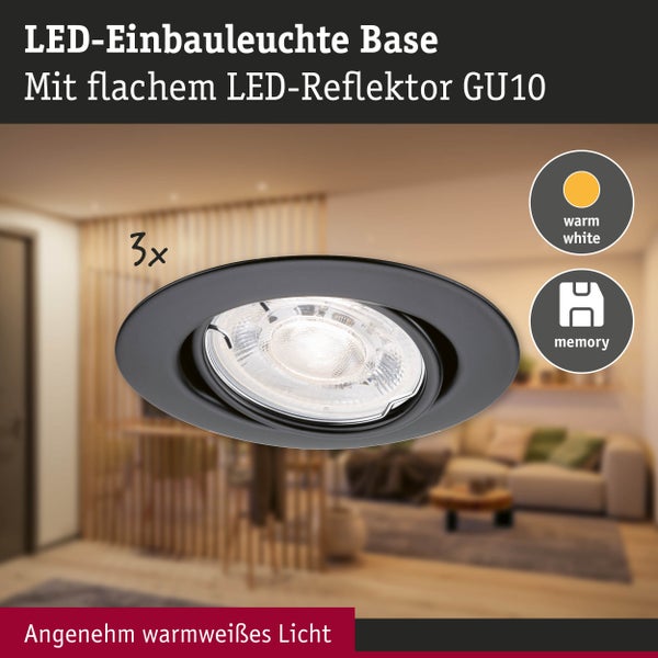 Dreier-Set schwarze runde LED-Einbauleuchten Base mit flachem GU10-Reflektor, warmweißem Licht und Memory-Funktion in einem hellen Wohnzimmer.