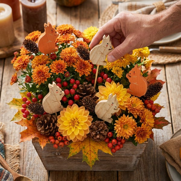 Herbstliche Blumendekoration in Holzkiste mit Chrysanthemen, Dahlien, Zapfen, Beeren und hölzernen Eichhörnchen Steckern als Tischdekoration.