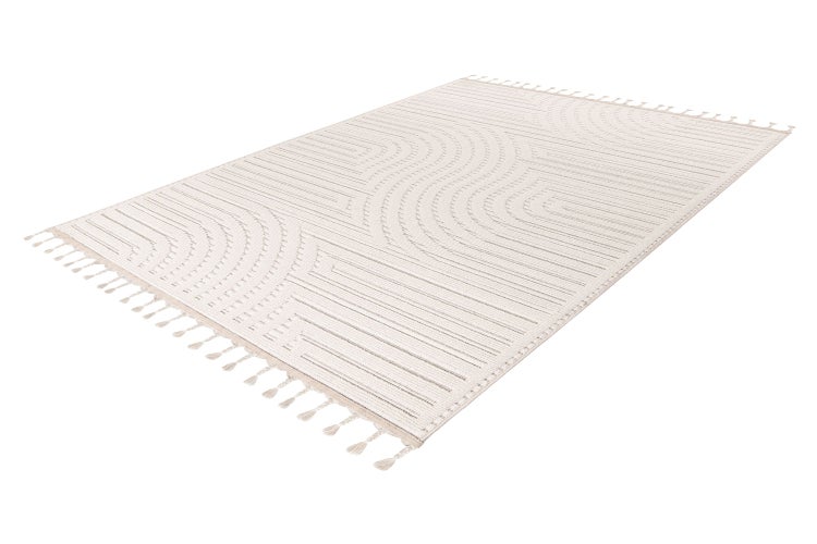 Rechteckiger Teppich mit geometrischem Bogenmuster und Fransen an den kurzen Seiten