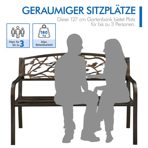 Geräumige Gartenbank aus Metall mit Vogel- und Zweigmotiv, 127 Zentimeter breit, für bis zu 3 Personen, maximale Belastbarkeit 180 Kilogramm.