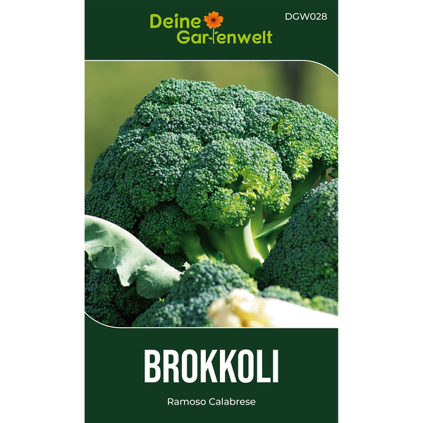 Samentüte Brokkoli Ramoso Calabrese von Deine Gartenwelt Logo. Nahaufnahme eines grünen Brokkolikopfes mit dichten Röschen.
