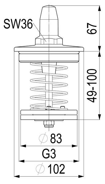 Technische Zeichnung eines Ventils mit Maßangaben in Millimeter: Durchmesser 83 und 102, Höhe 67 und 49 bis 100, Gewinde G3, Schlüsselweite 36.