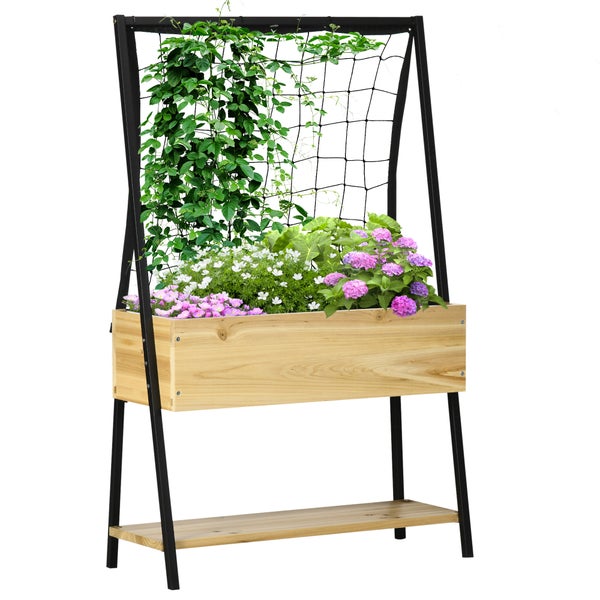 Outsunny Hochbeet mit Rankgitter, Pflanzkasten mit Ablage, Pflanzkübel mit Innenverkleidung aus Vlies, Blumenkasten, für Terrasse, Balkon, Natur, 80 x 30 x 125 cm