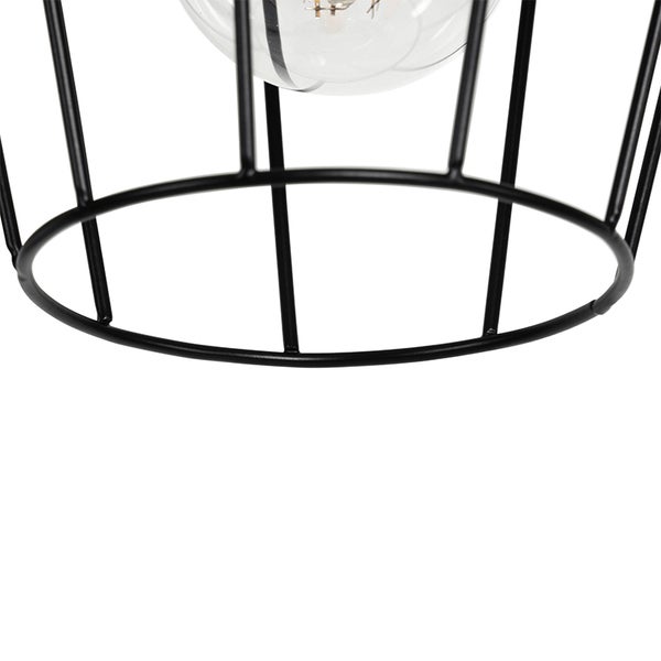 Detailaufnahme einer schwarzen Drahtleuchte mit Glühbirne