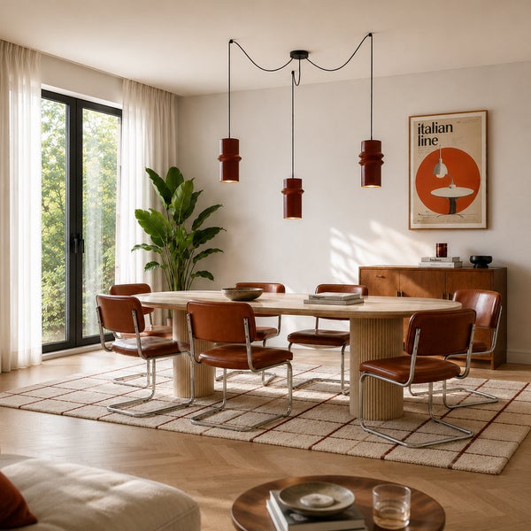 Modernes Esszimmer mit ovalem Esstisch, Freischwingerstühlen und einer dreiflammigen Pendelleuchte mit zylindrischen Schirmen.