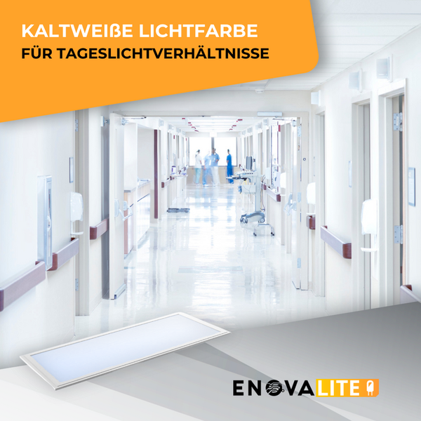 LED-Panel in einer hellen Halle mit EnovaLite Logo