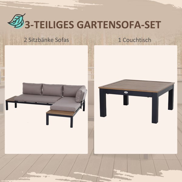 Outsunny 3-teiliges Gartenmöbel-Set mit Beistelltisch, Sofa mit Kissen, Outdoor, Aluminium, 164 x 74 x 69 cm