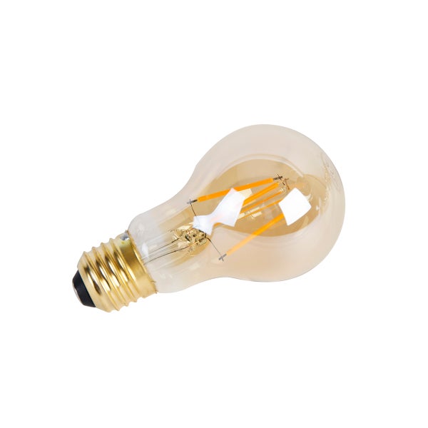 LED-Filament-Leuchtmittel in klassischer Birnenform mit E27-Sockel und bernsteinfarbenem Glas.