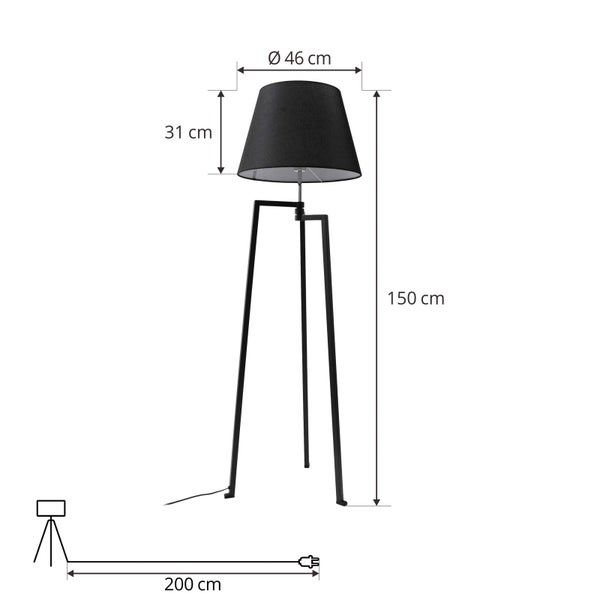 Abbildung einer Stehlampe mit den Maßen 150 cm Höhe, Lampenschirmdurchmesser 46 cm, Lampenschirmhöhe 31 cm und Kabellänge 200 cm