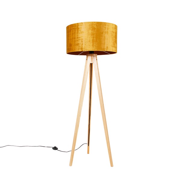 QAZQA - Modern Stehlampe Holz mit Stoffschirm Gold I Messing 50 cm - Stativ Classic I Wohnzimmer I Schlafzimmer - Textil Rund - LED geeignet E27