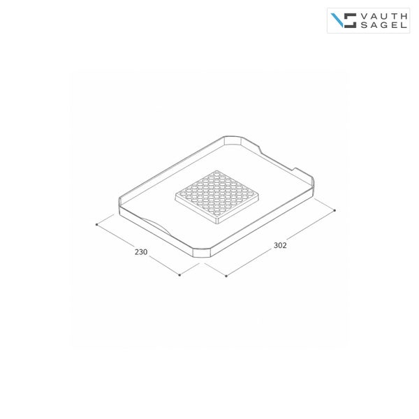Technische Zeichnung eines Vauth Sagel Bodens mit den Maßen 230 mal 302 Millimeter. Vauth Sagel Logo.