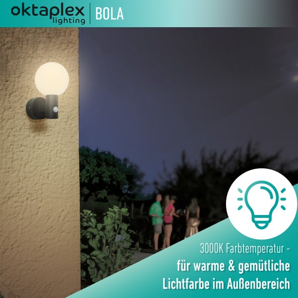 Bola LED Außenlampe mit Bewegungsmelder warmweiß 3000K 1600lm IP65 runde Wandleuchte anthrazit 230V