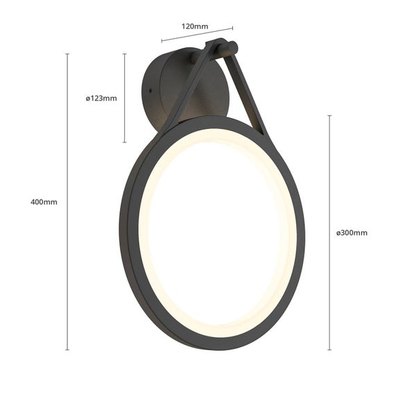 LED-Wandleuchte in Ringform mit Abmessungen: Gesamthöhe 400 Millimeter, Ringdurchmesser 300 Millimeter, Wandhalterung 123 Millimeter, Tiefe 120 Millimeter.