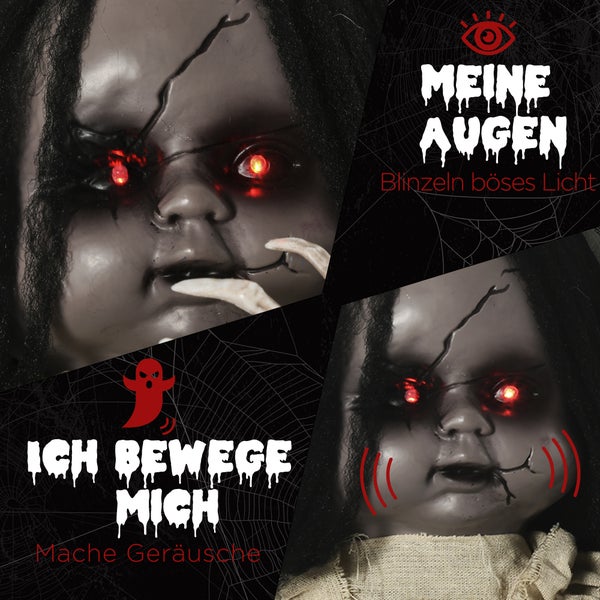 Dekoration einer gruseligen Halloween-Puppe mit leuchtenden Augen