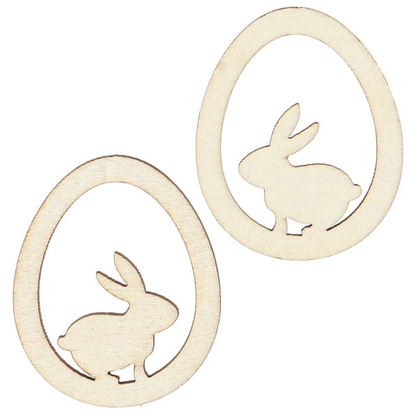 Zwei hölzerne Ostereier mit Hasenmotiv