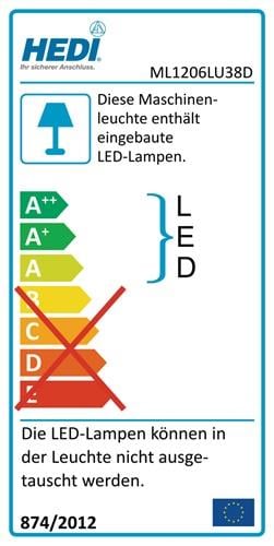 HEDI Energieeffizienzlabel für Maschinenleuchte ML1206LU38D mit eingebauten LED-Lampen der Klassen A++ bis A. Die Lampen sind nicht austauschbar.