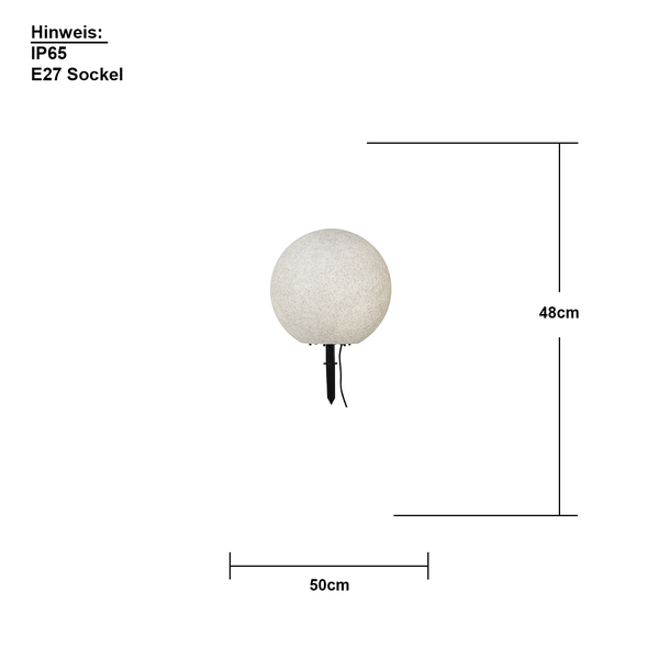 Gartenleuchte mit E27 Fassung, Schutzart IP65 und den Maßen 48 mal 50 Zentimeter.