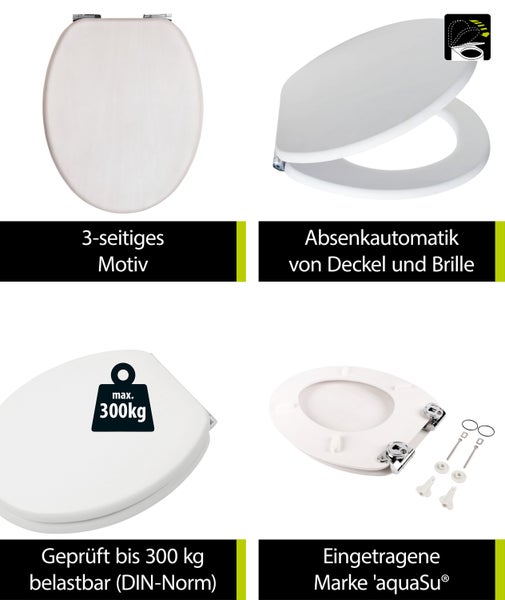 aquaSu® Holz WC-Sitz mit Absenkautomatik Venezia Weiß gekalkt, Schnellbefestigung, Metallscharnier, robuster Holzkern Toilettendeckel, ovaler O Form WC-Deckel, Holzfurnier Weiß gekalkt, 403085