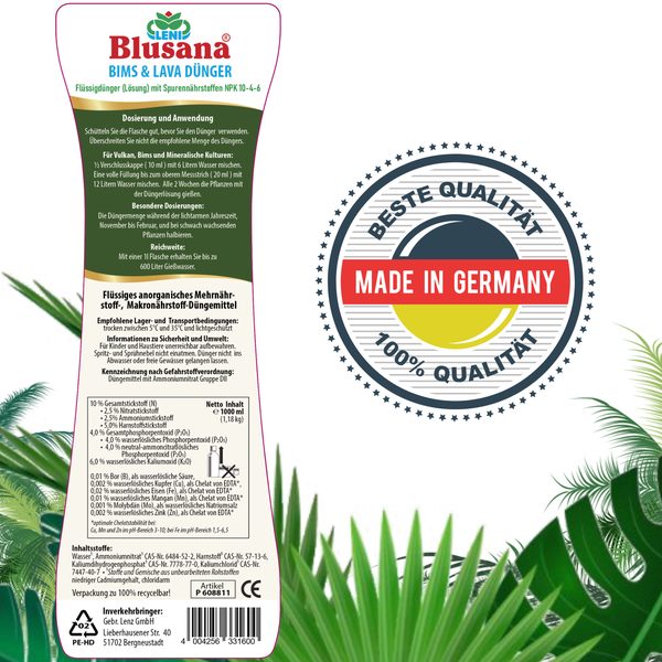 Blusana Bims & Lava Flüssigdünger NPK 10-4-6 Spezialdünger für mineralische Pflanzsubstrate und Gestein 1l Pflanzendünger für Grünpflanzen Kräuter Obst Gemüse Hydrokultur