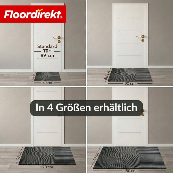 Floordirekt Logo. Strukturierte Fußmatte in vier Größen vor 89 Zentimeter breiter Tür: 40 mal 60, 60 mal 90, 70 mal 120 und 90 mal 150 Zentimeter.
