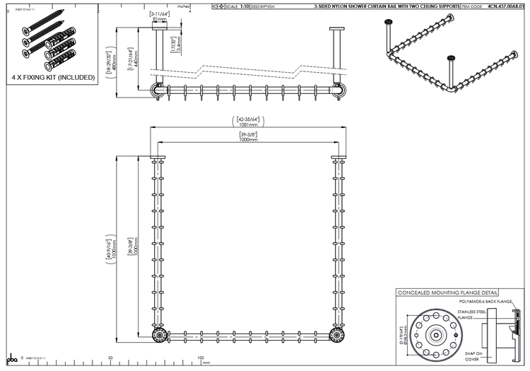 Technische Zeichnung einer drei-seitigen Duschvorhangstange aus Nylon mit zwei Deckenstützen, Maßen, Montagedetails, Befestigungsset und Pba Logo.