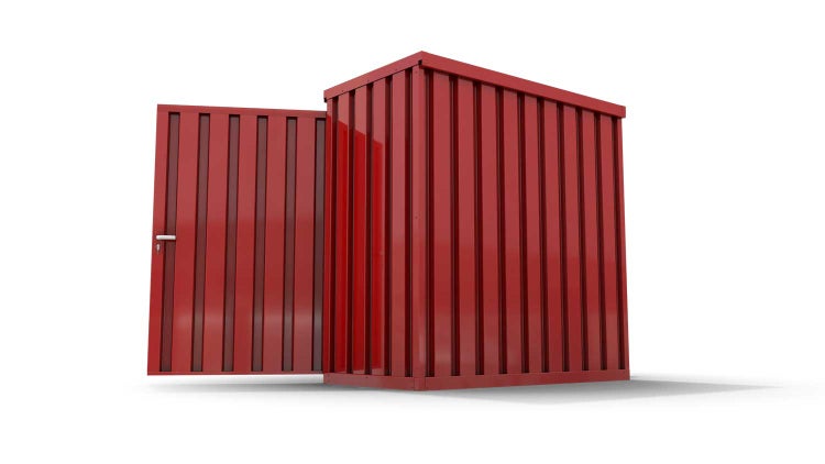 Lagercontainer Gerätehaus XS  – 2 qm, H2150 x B2100 x T1140 mm, Außenwandlackierung RAL 3000 feuerrot, Dach außen verzinkt, mit Holzfußboden, 1830 mm Doppelflügeltür mittig in Breitseite, montiert