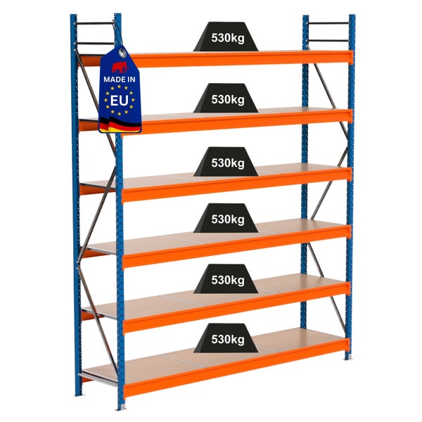 Lagerregal mit sechs Ebenen und dem Hinweis Hergestellt in der EU