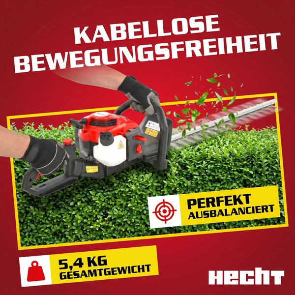 Benzin-Heckenschere von Hecht beim Schneiden einer Hecke, 5,4 Kilogramm Gesamtgewicht, perfekt ausbalanciert.