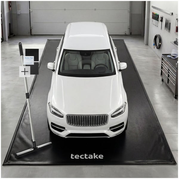 tectake Garagenbodenmatte für Autos in einer hellen Werkstatt, inklusive Bodenrakel und Reinigungstüchern für einen sauberen Garagenboden.