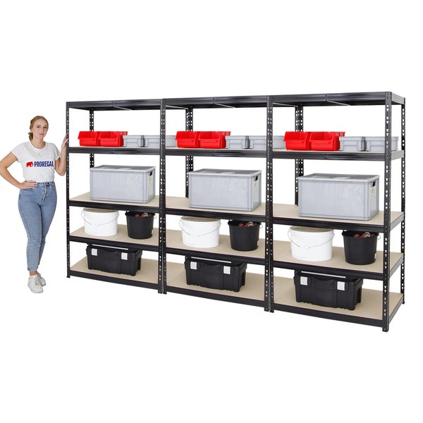 PROREGAL Mega Deal 3x Schwerlastregal Tiger HxBxT 180 x 100 x 60 cm Fachlast 265 kg 5-Ebenen Schwarz