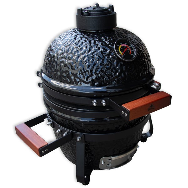 Schwarzer Keramikgrill als Kamado Grill mit Thermometer im Deckel und Holzgriffen