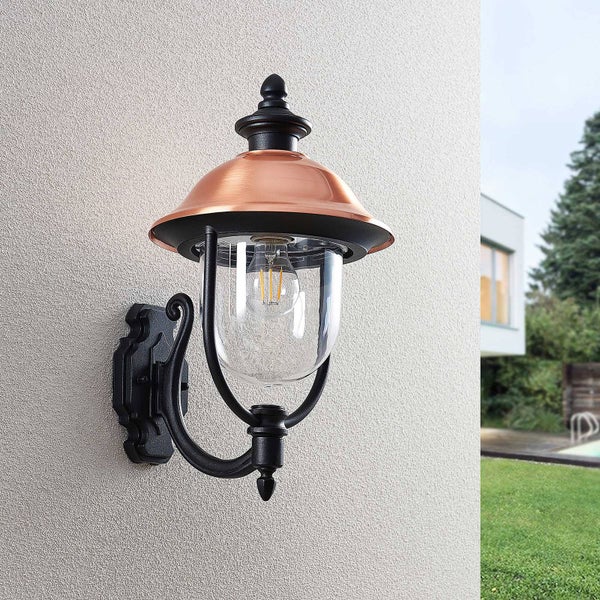 Lindby Wandleuchte außen (Laterne) Clint (spritzwassergeschützt (Retro, Vintage Antik) in Kupfer aus Aluminium (1 flammig E27) - Außenwandleuchten Wandlampe Led Außenlampe Outdoor für