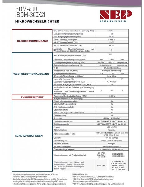 NEP Microwechselrichter 600W/WLAN/für 2 Solarmodule/10Jahre Garantie/IP67/Mwst 0%/Kostenfreier Versand durch DHL