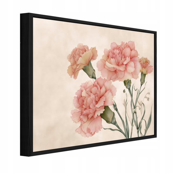 Wandbild mit botanischer Zeichnung von Nelken in einem schwarzen Rahmen in perspektivischer Ansicht.