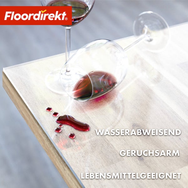 Floor direkt Logo. Verschütteter Wein auf wasserabweisender, geruchsneutraler und für Lebensmittel geeigneter Oberfläche