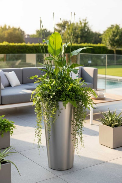 Hoher Metall-Pflanzkübel mit verschiedenen grünen Pflanzen auf einer modernen Terrasse mit Lounge-Möbeln und Pool.