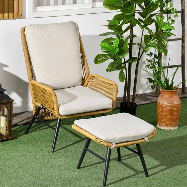 Outsunny Rattan Relaxsessel mit Fußhocker, mit verstellbarer Rückenlehne, mit Kissen, 67L x 83B x 94H cm, Stahl, Polyester, Natur