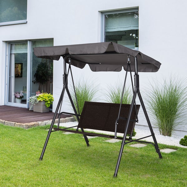 Outsunny Hollywoodschaukel, 2-Sitzer, Verstellbar, Sonnendach, Stahlrahmen,  140 x 110 x 151 cm, Rattan, Schwarz+Braun+Grau