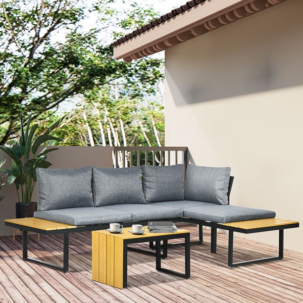 Outsunny 3-tlg. Gartenmöbel-Set, Balkonmöbel mit Sitzkissen, Gartenlounge-Set mit Doppelsofa, Ecksofa, Couchtisch, für Balkon, Terrasse, Alu, Natur+Dunkelgrau